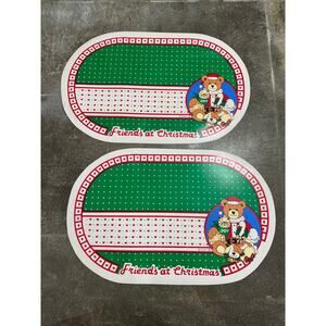 Holiday Vinyl Friends at Christmas Placemats VTG 1988 Franco Bear Cat Dog Goose